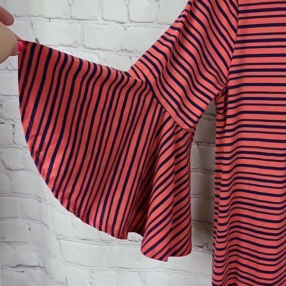 NWT LuLaRoe Maurine Dress XL 14/16 Red Stripe Bell Sleeve Ruffle Shift Swing - Picture 2 of 11